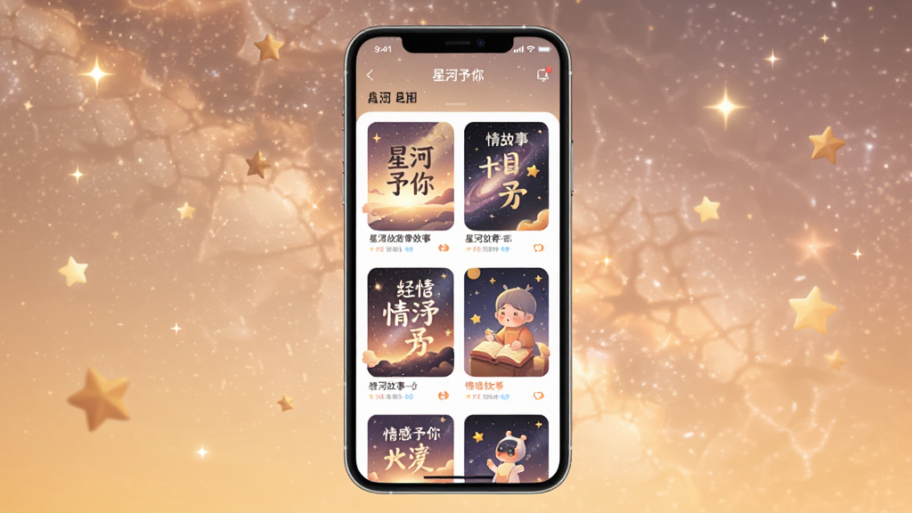 一部手机展示“星河予你”APP的内容列表页面,屏幕上整齐排列着多个情感故事封面,背景为柔和的暖色调星空,画面风格清新温暖,布局为居中构图,细节丰富,画质高清干净,无多余元素