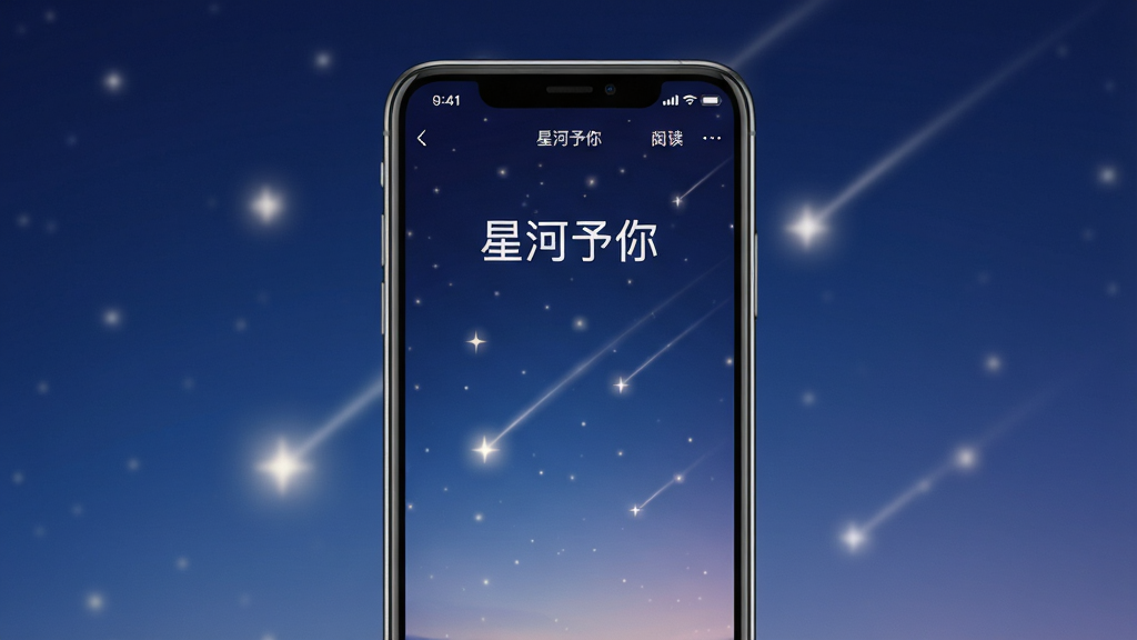 一张以星空为主题的手机应用界面展示图,画面中央放置一部智能手机,手机屏幕显示“星河予你”APP的阅读界面,背景是深蓝色渐变星空,点缀着柔和的星光和流星划过,整体布局简洁大气,风格温柔治愈,细节精致清晰,画质高清干净,无多余元素,适合作为软件下载站的展示预览图