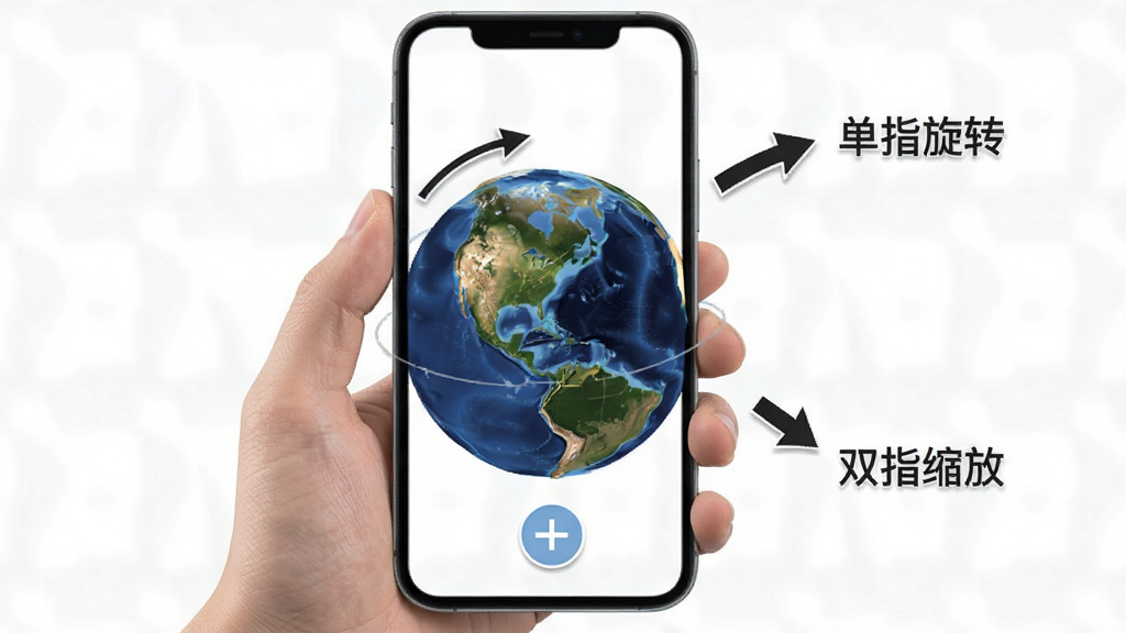 精图地球软件在手机上的操作演示图,画面展示一只手拿着手机,屏幕上显示三维地球旋转和缩放的动态效果,旁边有箭头标注“单指旋转”“双指缩放”等操作提示,风格简洁明快,画质清晰,干净无多余元素。