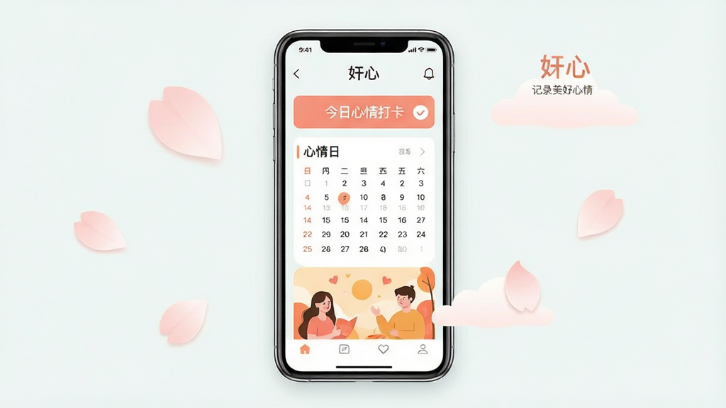 һ�����¼�Լ�����ֻ�APP����չʾͼ��������һ�������ֻ�����Ļ��ʾ���APP����ҳ��ҳ�沼�ְ�����������򿨰�ť������������ͼ����ů�Ĳ廭Ԫ�ء��Ű���þ��жԳƹ�ͼ�����Ϊ��ƽ���廭�磬ϸ�����ֻ���Χɢ���ŵ���ɫ�Ļ������͵��ƶ�װ�Σ����ʸ���ɾ��޶���Ԫ�أ�ͼƬ����ʾ���֡���ġ��͡���¼�������顱��