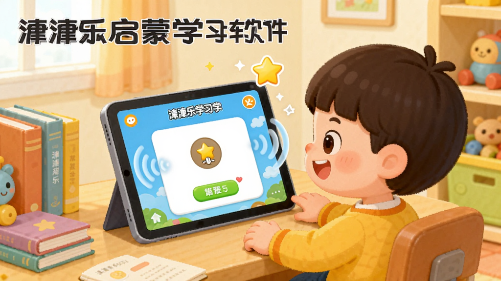 一幅展示儿童使用平板电脑进行语音互动学习的插画,画面中一个卡通小孩坐在书桌前,平板屏幕上显示潼潼乐启蒙学习软件的答题界面,屏幕周围有语音波纹和星星奖励动画,背景是温馨的儿童房,风格为温暖卡通插画,细节包括彩色书本和玩具,画质高清干净,画面中带有“潼潼乐启蒙学习软件”文字,无多余元素