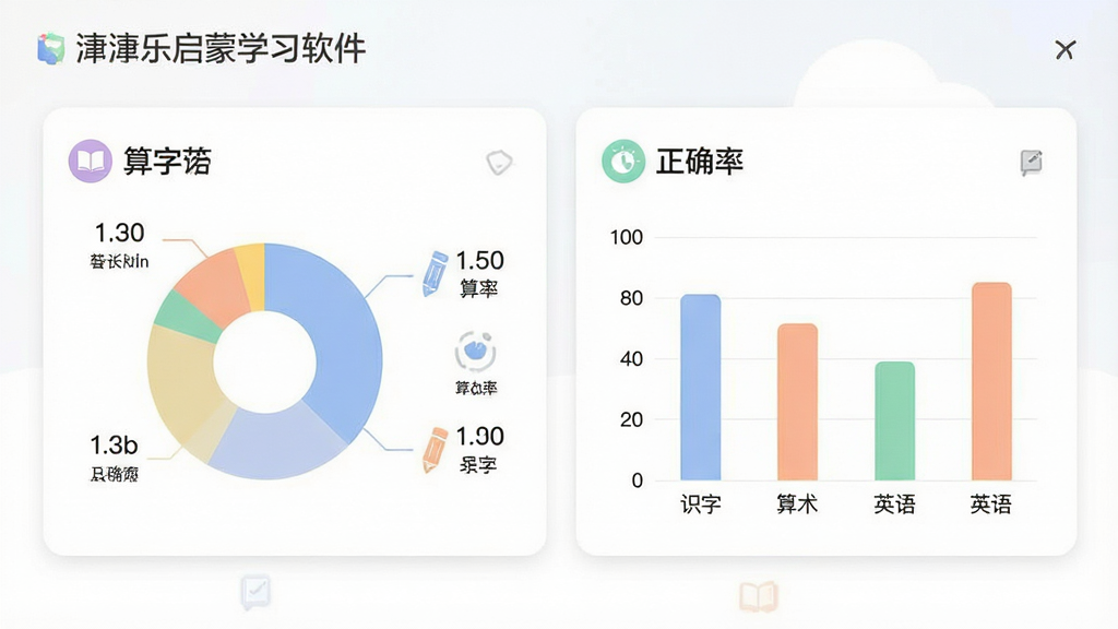一张儿童学习软件家长端报告界面的设计图,画面中展示饼状图和柱状图,分别表示识字、算术、英语等模块的学习时长和正确率,图表颜色柔和,背景为白色卡片式布局,风格为简约商务信息图,细节包括清晰的数字标注和图标,画质干净整洁,画面中带有“潼潼乐启蒙学习软件”文字,无多余元素