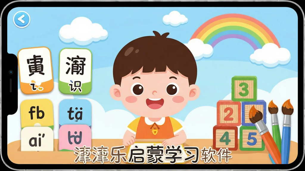 一张展示潼潼乐启蒙学习软件主界面的插画,画面中央是卡通风格的儿童学习场景,左侧有识字卡片和拼音字母,右侧有数字积木和彩色画笔,背景是柔和的蓝天白云与彩虹,整体布局清晰有序,风格为扁平化卡通插画,细节包括圆润的图标和明亮的色彩,画质高清干净,画面中带有“潼潼乐启蒙学习软件”文字标识,无多余元素