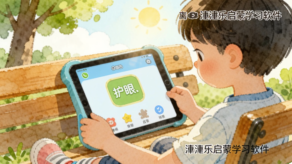 一幅展示儿童在户外使用平板电脑离线学习潼潼乐启蒙学习软件的场景插画,画面中孩子坐在公园长椅上,平板屏幕显示护眼模式界面,周围有绿树和阳光,风格为清新水彩插画,细节包括柔和的色调和自然元素,画质干净明亮,画面中带有“潼潼乐启蒙学习软件”文字,无多余元素