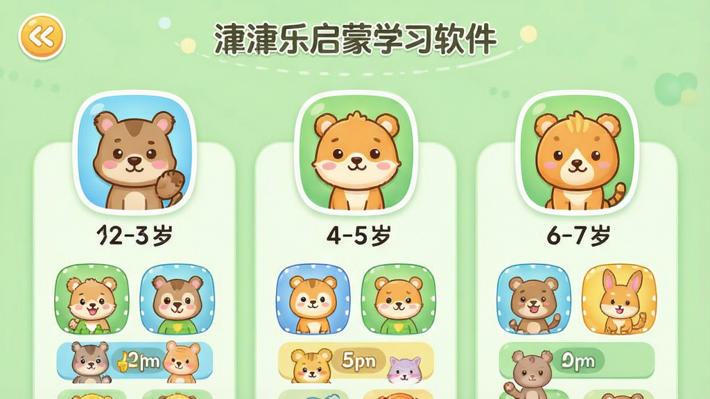 一款儿童启蒙学习软件的界面截图,画面中展示分龄分段的内容选择页面,左侧是2-3岁低龄段图标,中间是4-5岁中龄段图标,右侧是6-7岁高龄段图标,每个图标下方有对应的学习模块缩略图,背景为柔和的浅绿色,风格为清新卡通UI设计,细节包括圆角按钮和可爱的卡通动物形象,画质清晰干净,画面中带有“潼潼乐启蒙学习软件”文字,无多余元素