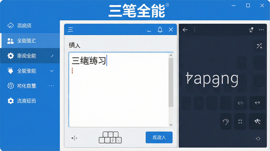 一张展示三笔全能软件主界面的预览图,画面中央是简洁的输入练习窗口,左侧为功能菜单,右侧为打字区域,顶部有“三笔全能”软件名称标识,整体布局清晰,风格干净现代,蓝白配色,细节包含键盘图标与文字输入框,画质高清,画面干净,无多余元素