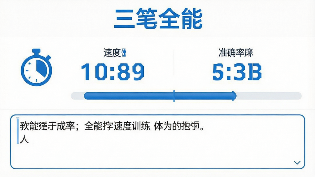一张展示三笔全能打字速度训练界面的预览图,画面中央是计时输入区域,上方显示速度和准确率数据,下方为文本输入框,顶部标注“三笔全能”软件名称,整体风格清爽,白底蓝字,布局对称,细节包含秒表图标与进度条,画质高清,画面干净,无多余元素