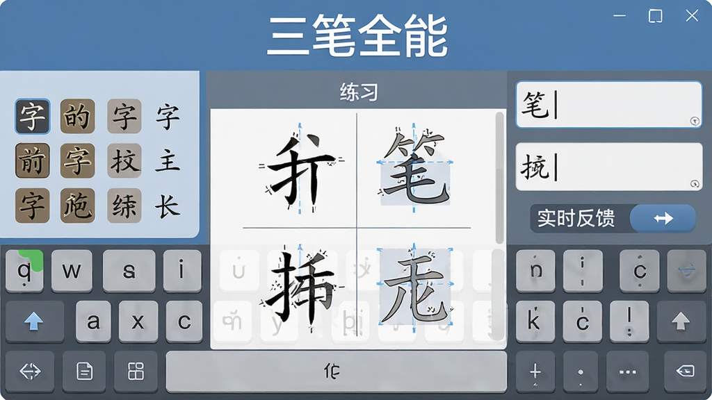 一张展示三笔全能输入法练习界面的预览图,画面中央是汉字拆分练习区域,左侧显示字根提示,右侧为输入框和实时反馈,顶部标注“三笔全能”软件名称,整体风格简洁,蓝灰配色,布局整齐,细节包含键盘按键与汉字结构示意,画质高清,画面干净,无多余元素