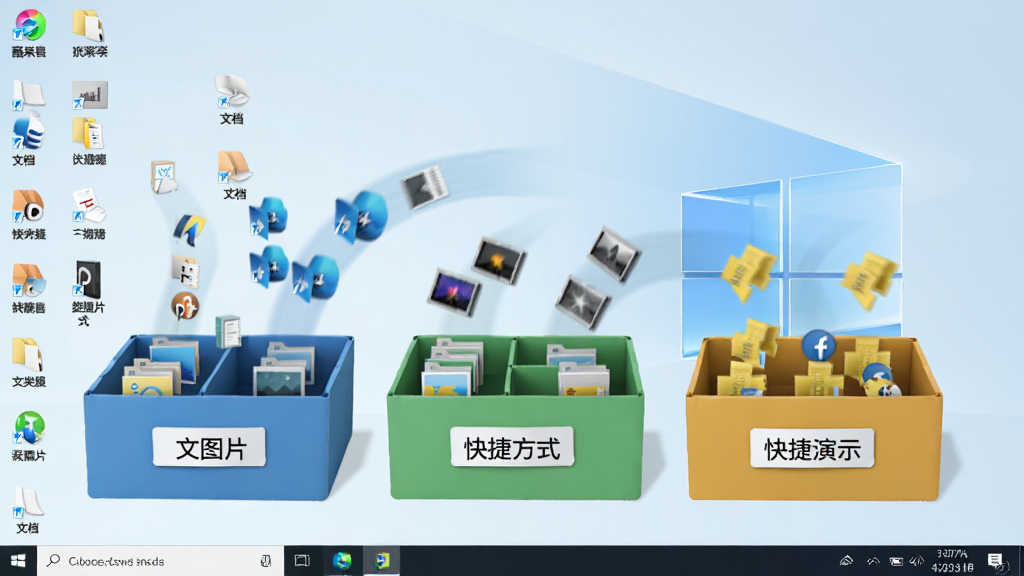 酷呆桌面自动分类功能演示,画面中桌面图标正被有序吸入不同颜色的分类盒子,盒子标签分别为文档、图片、快捷方式等,背景为Windows桌面环境,风格简洁现代,细节表现图标动态归位过程,画质清晰,干净无杂乱元素