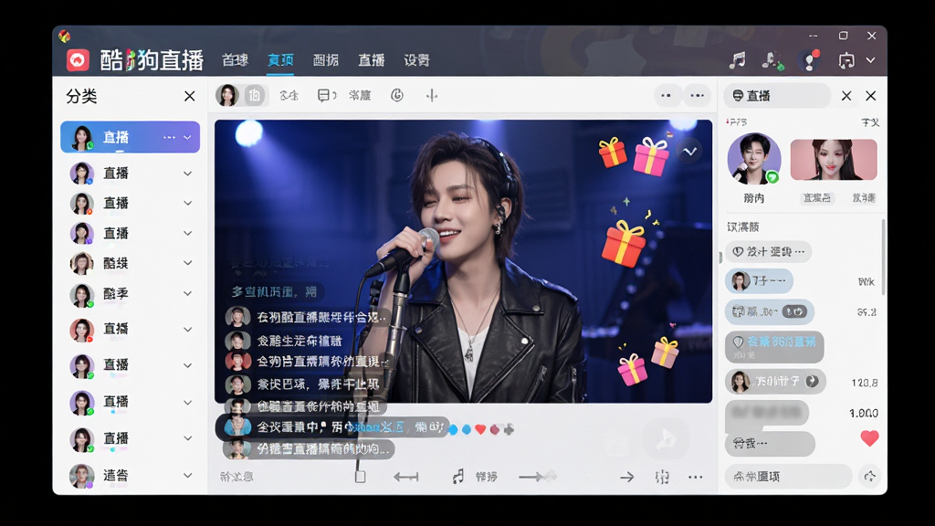 酷狗直播软件主界面全景展示,主体为电脑屏幕中打开的酷狗直播客户端窗口,布局包含顶部导航栏、左侧分类列表、中央直播画面与右侧聊天互动区,排版整齐清晰,风格为现代科技感与音乐氛围结合,细节包含歌手头像、礼物动画、弹幕文字、高清画质标识,画质超清,画面干净,无多余元素