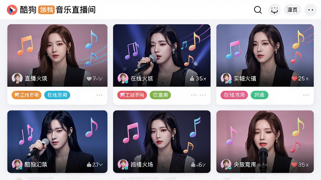 酷狗直播海量音乐直播间列表界面,主体为整齐排列的直播间缩略图卡片,布局为三列网格,排版展示主播封面、在线人数与标签,风格为清新明快的娱乐平台风格,细节包含不同风格歌手封面、音乐符号装饰、彩色标签,画质高清,画面干净,无多余元素