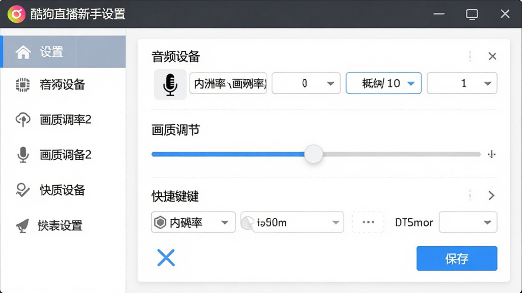 酷狗直播新手设置界面,主体为软件设置面板,布局为左侧选项卡与右侧参数调节区,排版展示音频设备选择、画质调节滑块与快捷键设置,风格为简洁工具型界面,细节包含麦克风图标、分辨率选项、保存按钮,画质清晰,画面干净,无多余元素