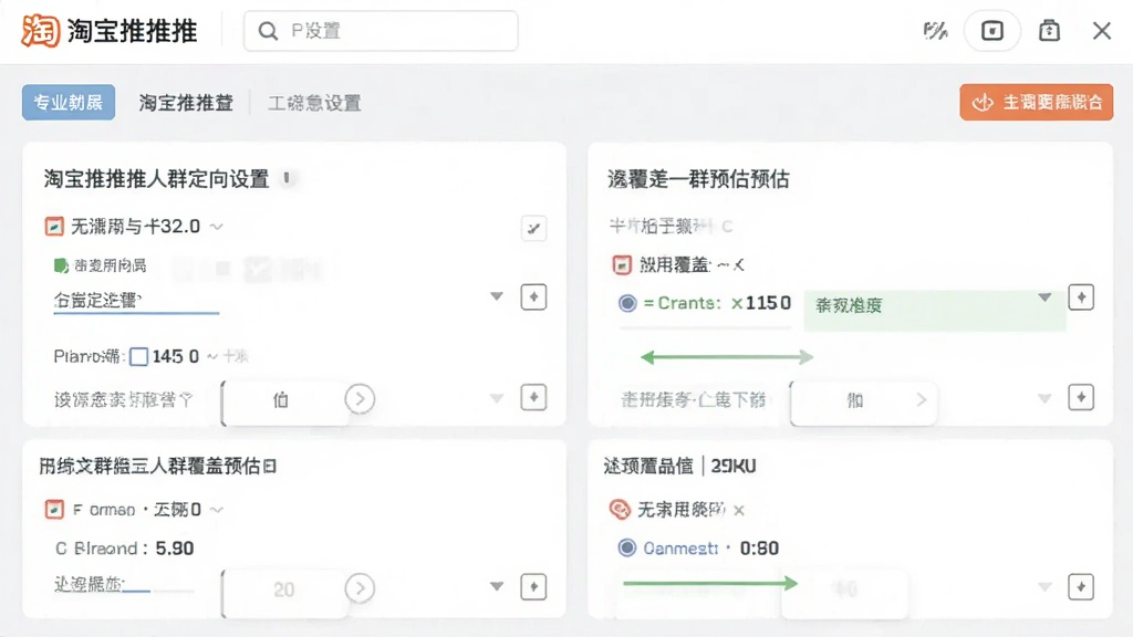 一张展示淘宝推推推人群定向设置界面的图片,画面中显示多个筛选条件选项与人群覆盖预估数字,界面布局清晰,风格简约现代,画质干净,无多余元素