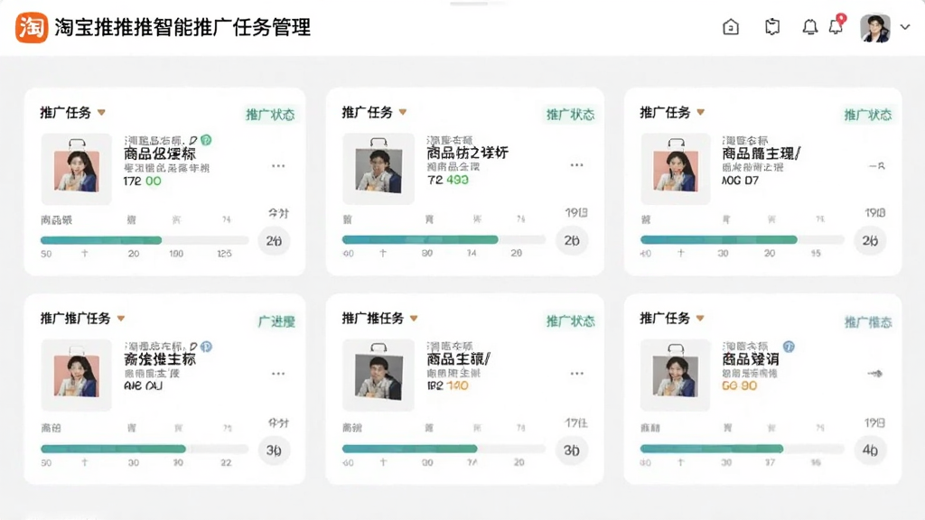 一张展示淘宝推推推智能推广任务管理界面的图片,画面中显示多个推广任务卡片与进度条,卡片上标注商品名称与推广状态,整体布局清晰,风格简洁商务,画质干净,无多余元素