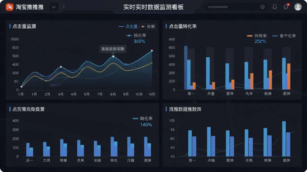 一张展示淘宝推推推实时数据监测看板的图片,画面中显示折线图与柱状图,图表旁标注点击量、转化率等数据指标,背景为深色数据大屏风格,细节清晰,画质干净,无多余元素