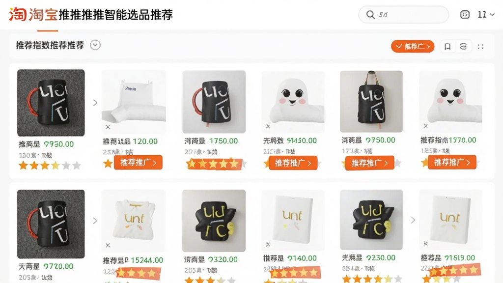 一张展示淘宝推推推智能选品推荐界面的图片,画面中显示商品列表与推荐指数星级,每个商品旁有“推荐推广”按钮,整体风格清新明亮,布局整齐,画质干净,无多余元素