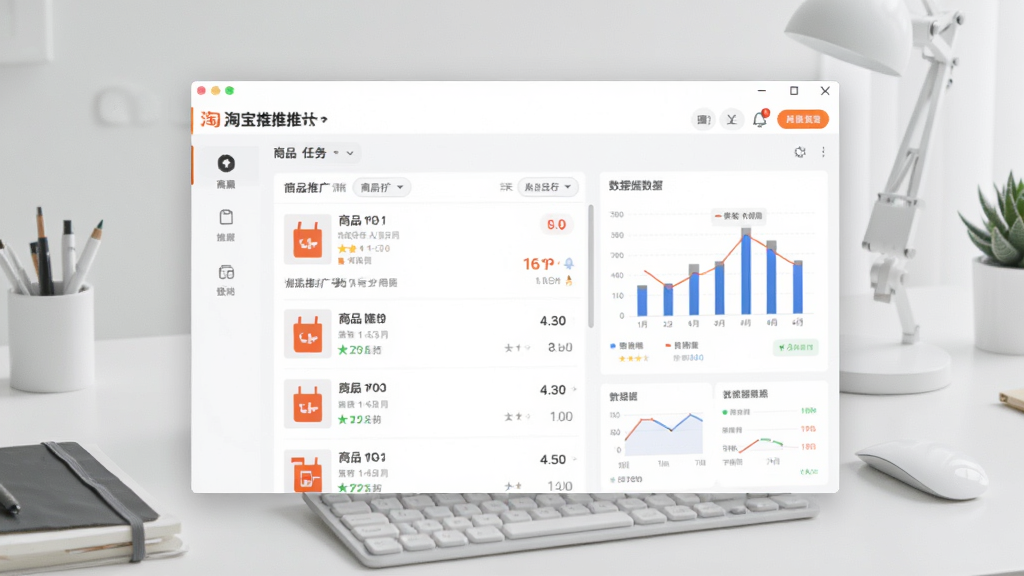一张展示淘宝推推推软件主界面的图片,画面中央是软件窗口,窗口内显示商品推广任务列表与数据图表,背景为简洁的浅色桌面环境,风格现代商务,细节清晰,画质干净,无多余元素