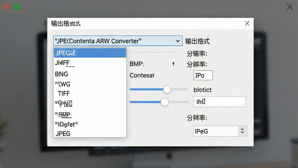 一张展示格式选择界面的AI生图,主体为软件中的输出格式下拉菜单与参数调节面板,布局为居中弹窗式,排版清晰明了,风格为简约商务风,细节包括JPEG、TIFF、PNG、BMP等格式选项、质量滑块、分辨率设置,画面中文字必须加引号如
