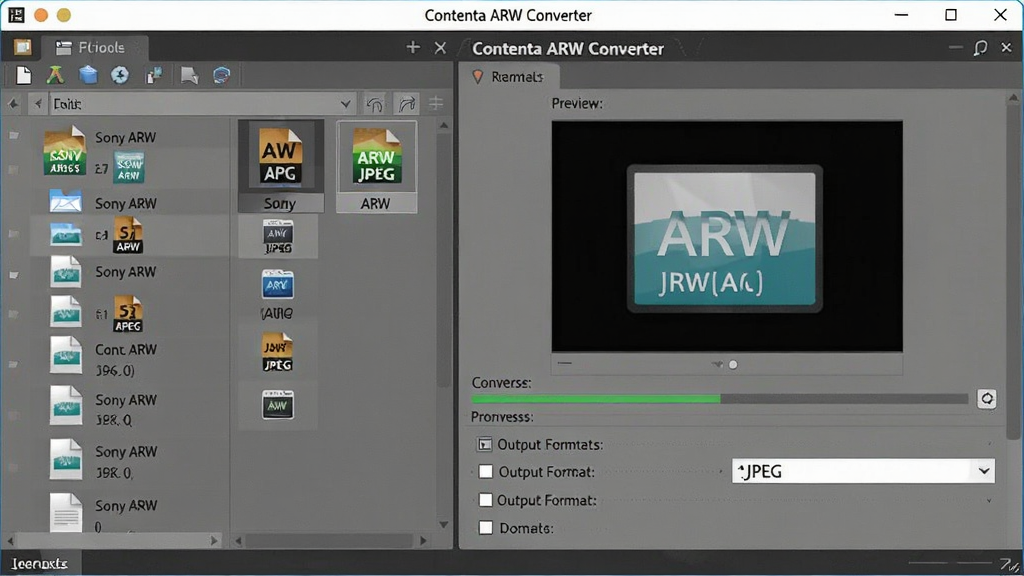 一张展示 Contenta ARW Converter 软件界面的图片,主体为电脑屏幕上的软件窗口,布局左侧为文件列表区右侧为预览与参数设置区,排版简洁清晰,风格为现代科技感UI设计,细节包括索尼ARW文件图标、转换进度条、输出格式下拉菜单,画面中文字必须加引号如