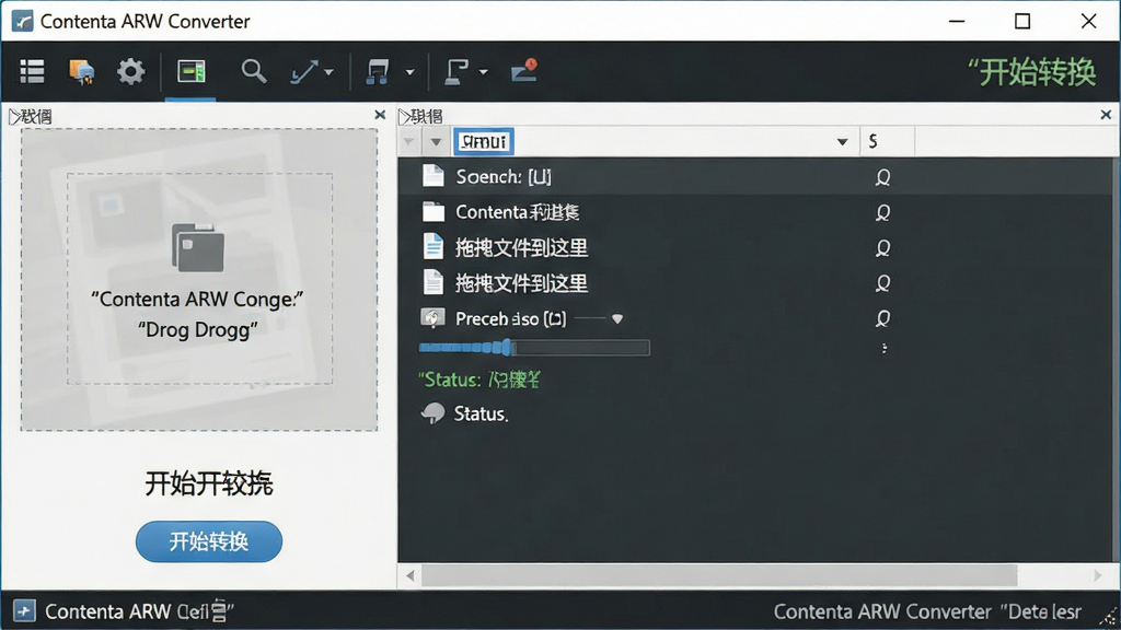 一张展示软件主界面的AI生图,主体为Contenta ARW Converter的窗口全貌,布局为顶部工具栏加中央文件列表加底部状态栏,排版干净整洁,风格为现代扁平化UI,细节包括拖拽区域、开始按钮、进度条、状态文字,画面中文字必须加引号如