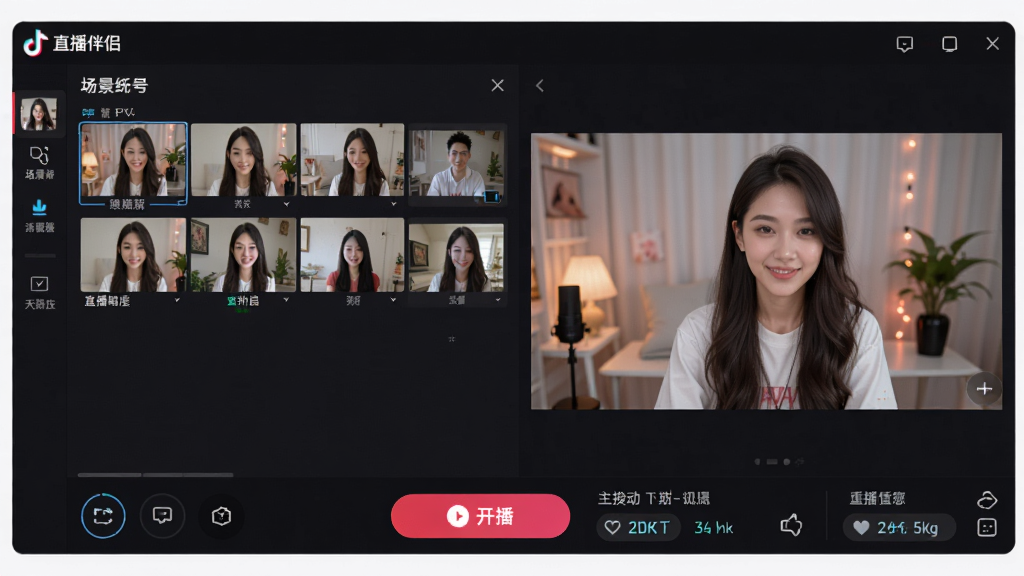 一张展示抖音直播伴侣软件界面的全景图,画面中央是软件主操作面板,左侧为场景切换区,右侧为直播画面预览窗口,底部显示开播按钮和互动数据,整体采用深色科技风格,界面干净整洁,文字标注清晰,画质高清,无多余元素