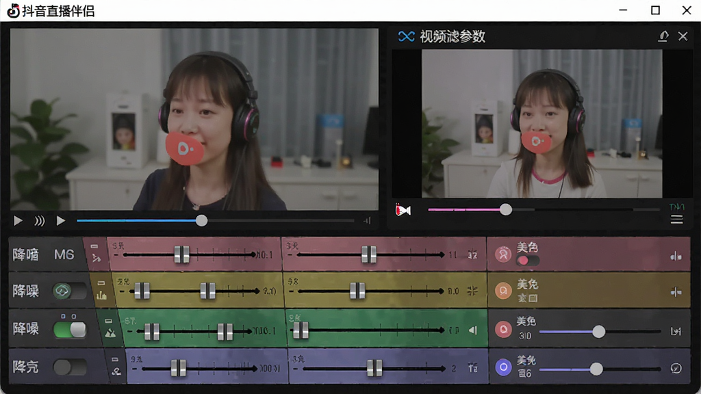 软件名称“抖音直播伴侣”的音视频调控界面图,主体为音频混音器与视频滤镜参数面板,布局采用上下分区结构,上方为视频预览,下方为音频轨道,排版规整,风格为专业工具风,细节包含音量推子、降噪开关、美颜滑块,画质高清,画面干净,无多余元素
