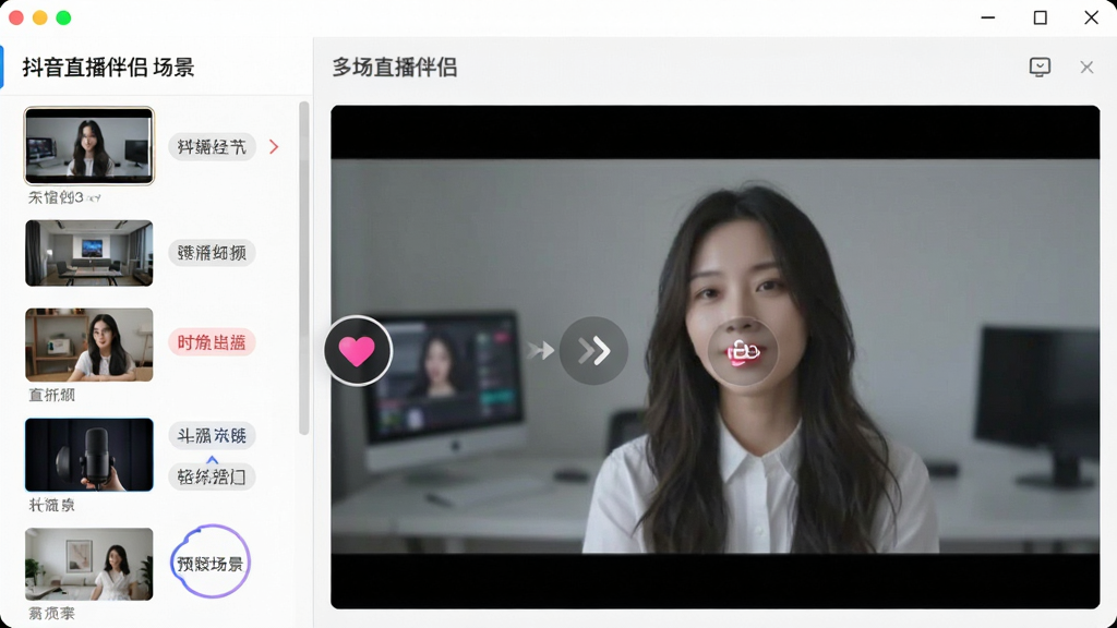 软件名称“抖音直播伴侣”的多场景切换功能界面图,主体为场景列表与预览窗口的叠加展示,布局采用左侧场景缩略图列表、右侧大画面预览的经典结构,排版清晰,风格为简约商务风,细节包含多个场景标签与过渡动画示意,画质高清,画面干净,无多余元素