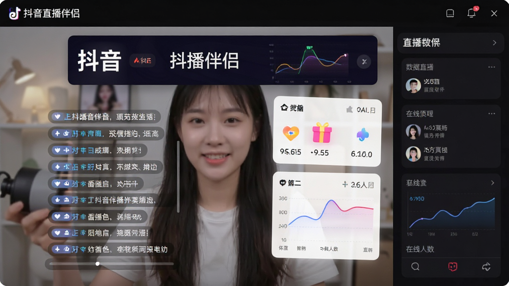 软件名称“抖音直播伴侣”的实时互动数据面板展示图,主体为悬浮在直播画面之上的数据卡片,布局采用顶部横幅与右侧边栏结合的形式,排版紧凑,风格偏向数据可视化,细节包含弹幕滚动条、礼物图标、在线人数曲线图,画质高清,画面干净,无多余元素