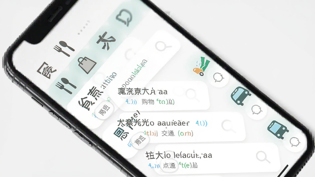 意大利语翻译通场景化常用语手册界面图,手机屏幕显示分类列表,包含餐饮、购物、交通等图标,点击餐饮后展示意大利语点餐常用句列表,每句配有中文对照和发音按钮,背景为简洁的浅灰色,界面布局清晰,图标风格统一,画质干净。