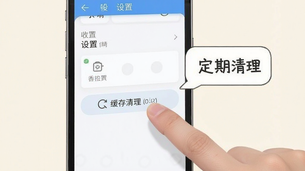 香晴直播移动端操作示意图,画面中手机屏幕显示设置界面,手指正在点击缓存清理按钮,旁边有提示气泡写着“定期清理”,背景为浅色,风格简洁直观,画质清晰,干净无多余元素