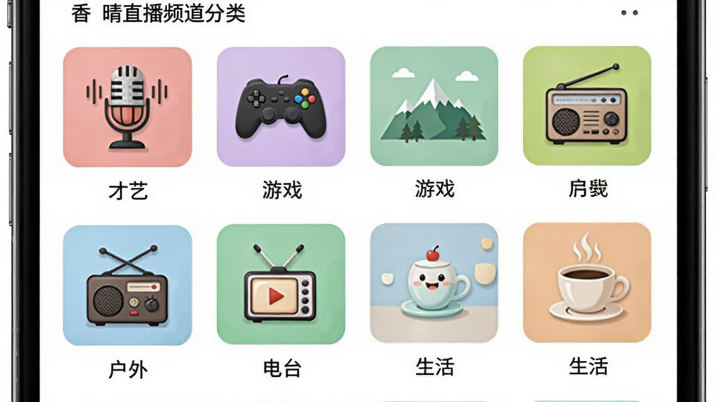 香晴直播频道分类界面,画面中手机屏幕展示多个频道标签,包括才艺、游戏、户外、电台、生活等图标,每个图标有对应的插画元素,如麦克风、游戏手柄、山峰、收音机、咖啡杯,布局为网格状,背景为白色,风格清新简约,画质清晰,无多余元素