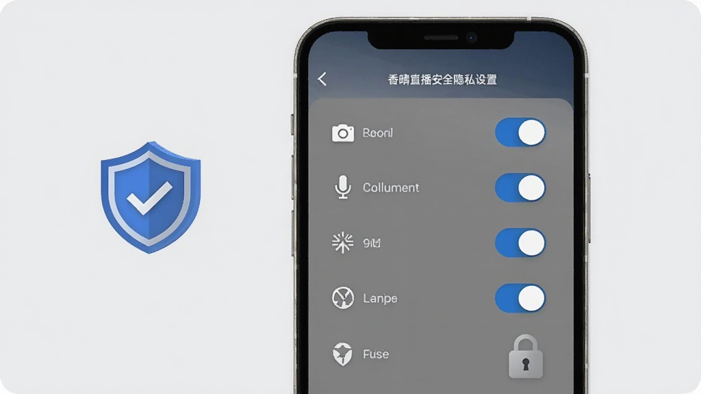 香晴直播安全隐私设置页面,画面中手机屏幕显示权限管理列表,包括相机、麦克风、存储、位置等开关按钮,旁边有盾牌图标和锁形图标,背景为浅灰色,风格商务简洁,画质清晰,干净无多余元素