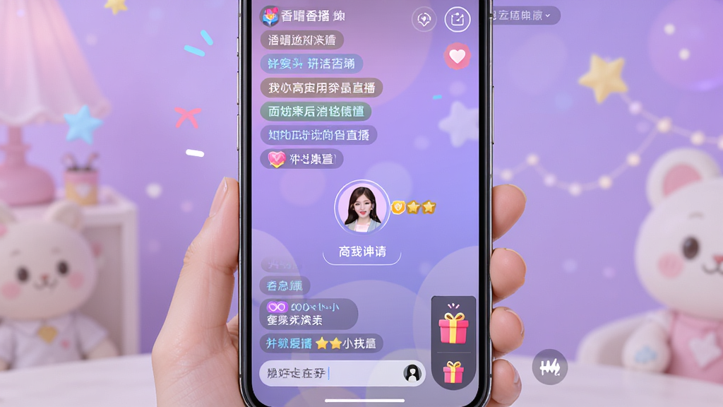 香晴直播互动场景,画面中手机屏幕显示直播间界面,底部有弹幕输入框和礼物面板,屏幕上方飘过彩色弹幕文字,画面中央有连麦申请按钮,主播头像旁显示粉丝徽章,背景为柔和的紫色渐变,风格活泼明快,细节丰富,画质清晰