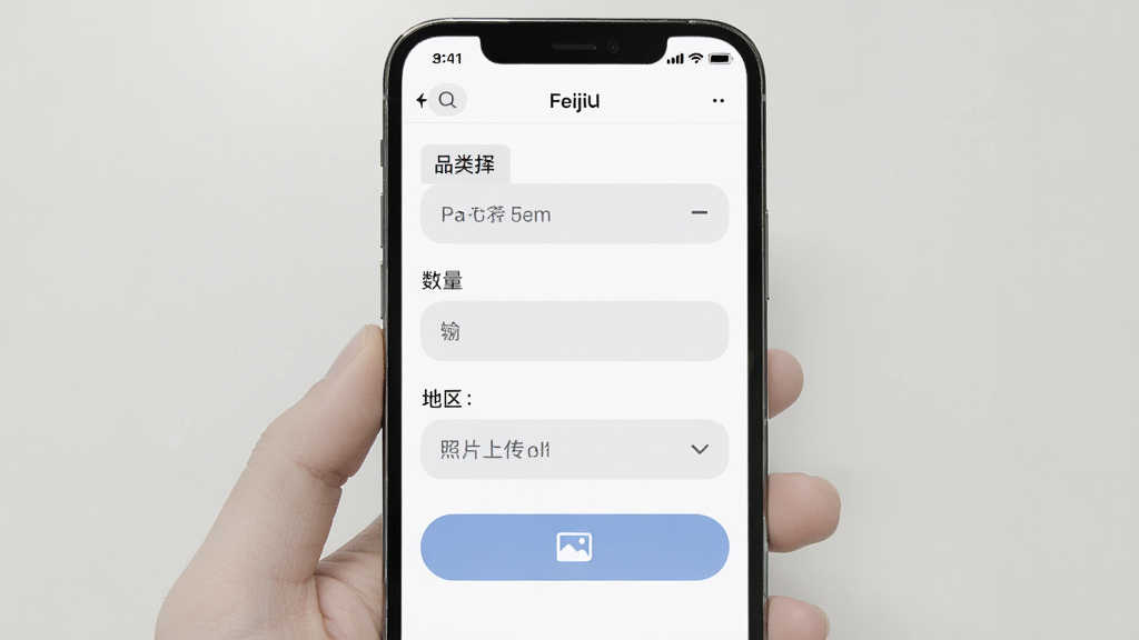 Feijiu���ƶ��˷�����Դ�������棬��������Ϊ�ֻ���Ļ����Ļ����ʾ��������������Ʒ��ѡ���������롢����ѡ����Ƭ�ϴ���ť������Ϊ��ɫ������Ϊǳ��ɫԲ������������������ã����ʸɾ����޶���Ԫ��