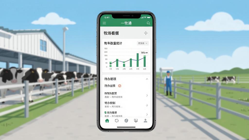 一牧通软件主界面展示,画面中央放置一部智能手机,手机屏幕上显示着一牧通APP的牧场数据看板界面,包含牛只数量统计图表和待办事项列表,背景是整洁的现代化牧场场景,远处有牛舍和蓝天白云,整体采用清新明亮的扁平化设计风格,画面干净整洁,画质高清,无多余元素干扰