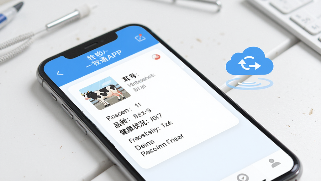 一牧通APP的牲畜电子档案页面,手机屏幕显示一头奶牛的详细档案卡片,包含耳号、品种、月龄、健康状况等信息,旁边有虚拟的数据云同步图标,背景是简洁的白色工作台面,整体采用蓝色和白色为主的清爽配色,扁平化UI设计,画质清晰,干净利落,无多余装饰元素
