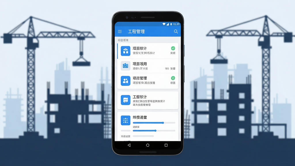 智慧营造软件主界面预览图,画面中央展示一部安卓手机,手机屏幕上显示简洁的工程管理应用界面,包含项目列表和进度条,背景为现代建筑工地剪影,布局采用居中构图,排版清晰,风格为扁平化科技感,细节包括蓝色主色调图标和白色卡片,画质高清,干净,无多余元素