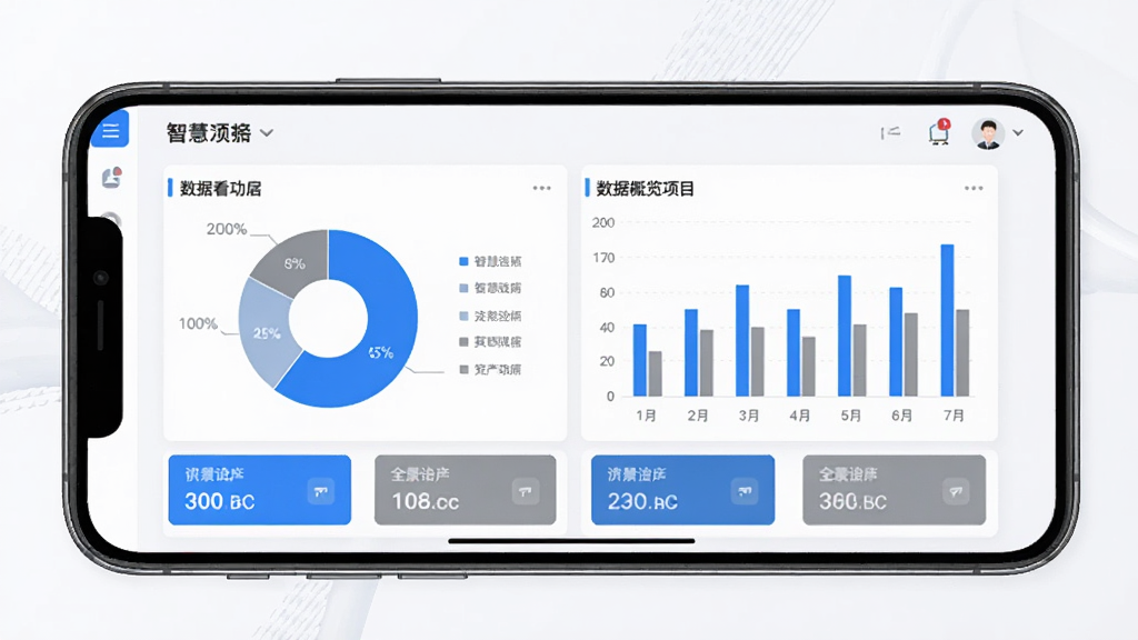 智慧营造项目全景概览功能展示图,画面主体为一部手机横屏显示数据看板,屏幕内包含饼状图和柱状图,布局采用左右分栏,排版整齐,风格为商务简约,细节有蓝色和灰色数据卡片,画质清晰,干净,无多余元素