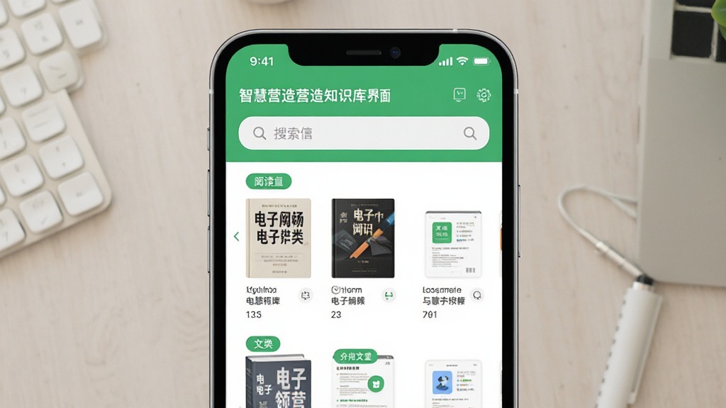 智慧营造营造知识库界面展示图,画面主体为手机屏幕显示出分类清晰的电子书和文档列表,布局采用上下结构,排版简洁,风格为阅读类应用,细节有绿色标签和搜索框,画质高清,干净,无多余元素