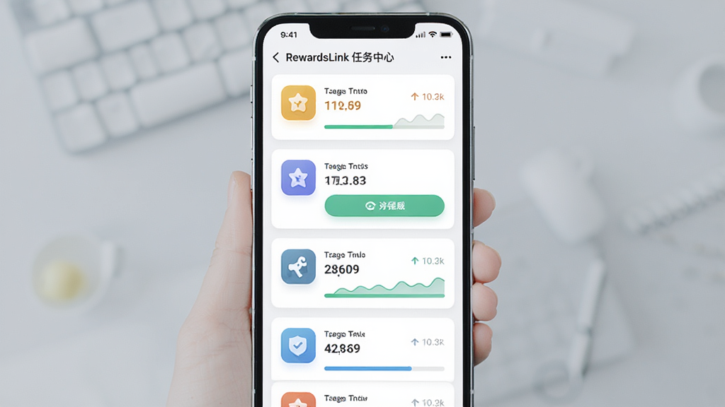 AI生图,主体为RewardsLink任务中心界面截图,布局为纵向列表排列,排版采用卡片式设计,风格为明亮清新的移动端UI,细节包含任务图标、积分数字、完成按钮和进度条,画质高清,画面干净,无多余元素。