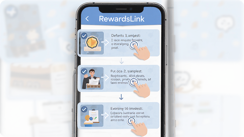 AI生图,主体为RewardsLink新手操作指引界面,布局为分步骤图文说明,排版从上到下排列,风格为扁平化教程风,细节包含手机屏幕、手指点击图标、积分数字和勾选标记,画质高清,画面干净,无多余元素。