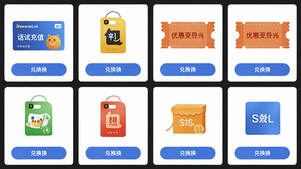 AI生图,主体为RewardsLink积分兑换商城页面,布局为网格状商品展示,排版整齐,风格为简洁商务风,细节包含话费充值卡、流量包图标、优惠券卡片和兑换按钮,画质高清,画面干净,无多余元素。