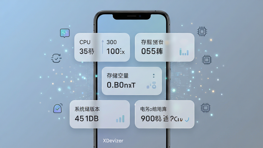 һ��չʾ XDevizer �豸��Ϣչʾ���ܵ� AI ��ͼ����������Ϊһ����׿�ֻ�������ͼ����Ļ���Զ��Ű�͸����Ϣ��Ƭ��ʽ������ʾ CPU �ͺš��ڴ��������洢�ռ䡢ϵͳ�汾���������ݣ���Ƭ����ǳɫԲ����ƣ�����Ϊ��͵����ҽ��䣬�ֻ���ΧƯ����ϸС������������ͼ��Ԫ�أ����־��жԳƣ�������ִ���ϸ�����������ʸ��壬����ɾ����޶���Ԫ�ء�
