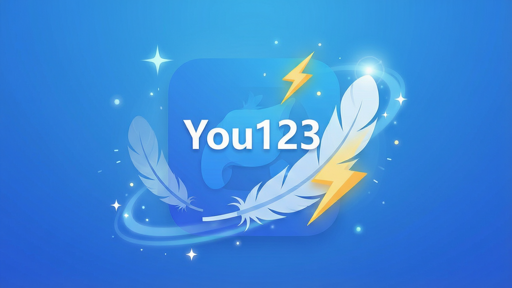 一张展示You123浏览器轻量运行概念的可视化图片,画面主体为软件图标与羽毛、闪电等元素组合,布局为居中构图,排版简洁,风格为扁平化插画,细节包括蓝色调渐变背景与光效点缀,画质高清,画面中文字标注“You123浏览器”,干净无多余元素