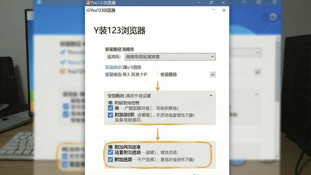 一张展示电脑端安装You123浏览器的步骤示意图,画面主体为安装向导窗口与勾选框特写,布局为竖向流程排列,排版清晰,风格为写实软件截图风格,细节包括安装路径选择、附加选项取消勾选的高亮标注,画质清晰,界面文字为中文,干净无多余元素