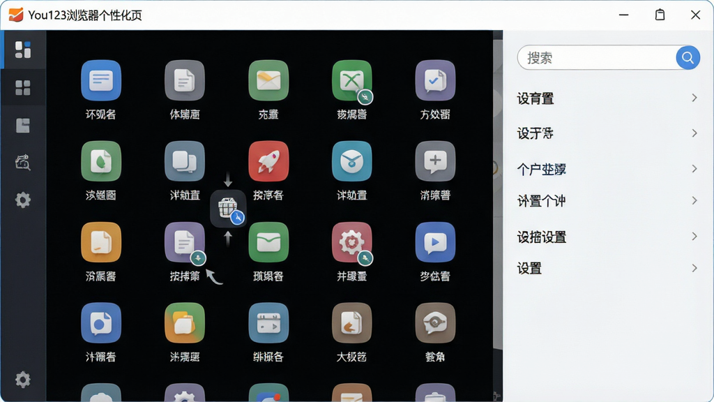 一张展示You123浏览器个性化首页设置界面的图片,画面主体为软件界面中的导航图标网格与设置面板,布局为左右分栏,排版整齐,风格为清爽浅色系UI设计,细节包括彩色图标、拖拽排序示意与搜索框,画质清晰,界面文字为中文,干净无多余元素