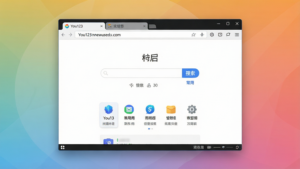 一张展示You123浏览器主界面的高清截图风格图片,画面主体为软件窗口居中布局,首页显示搜索框与常用网址导航图标,整体排版干净整齐,风格为现代简约科技感,细节包括顶部标签栏、地址栏与底部状态栏,画质清晰,界面文字为中文,背景为纯色渐变,干净无多余元素