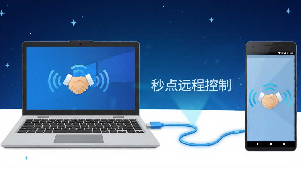 一张横向构图的插画,左侧是一台打开的Windows笔记本电脑,右侧是一部安卓手机,两者之间由一条发光的蓝色数据线连接,线缆上方浮现“秒点远程控制”的文字标识,背景为深蓝色渐变星空,风格为简约科技感,细节有设备屏幕上的握手图标与信号波纹,画质高清干净,无多余元素
