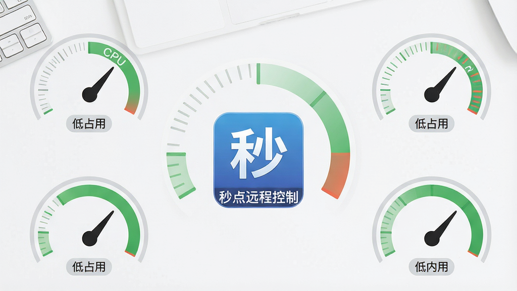 一张展示软件资源占用的示意图,画面中央是“秒点远程控制”的图标,周围环绕着CPU、内存、网络等仪表盘指针,指针均处于绿色低负载区域,背景为干净的白色工作台,风格为极简信息图,细节有浅灰色的刻度线与“低占用”字样标签,画质清晰干净,无多余元素