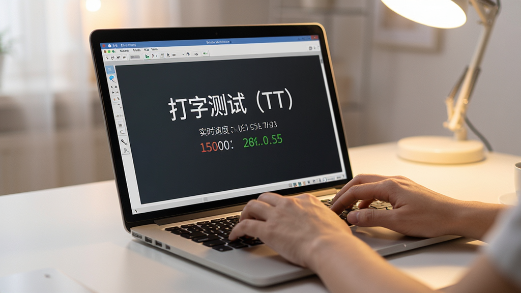 一台打开的笔记本电脑屏幕显示打字测试软件主界面,界面中间有